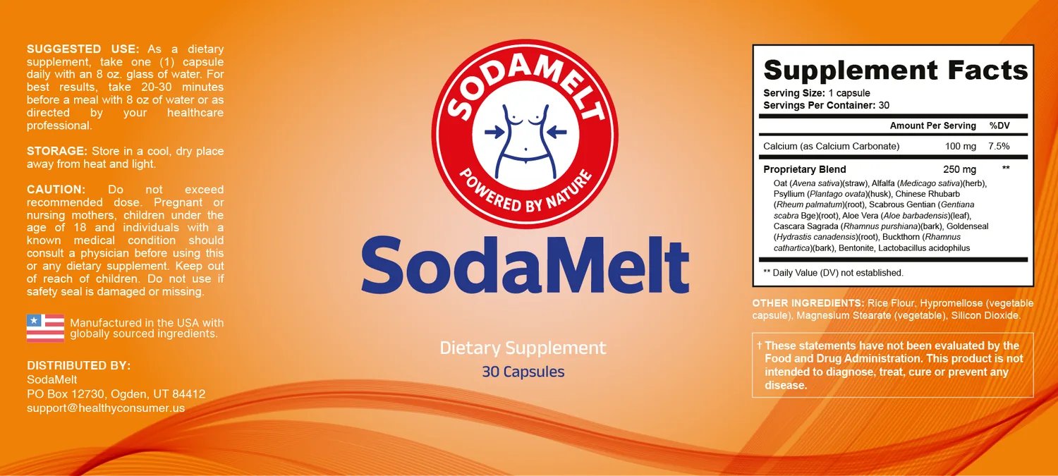 The full SodaMelt label including the Supplement Facts panel, suggested use, storage and caution text